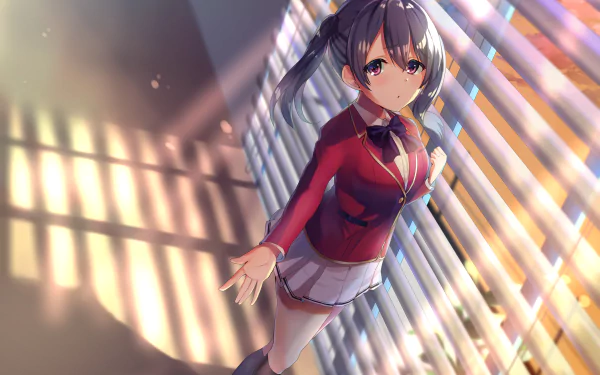 Mei-Yu Wang from Classroom of the Elite in anime style, reaching out in a sunlit classroom — 2K Quad HD PC wallpaper