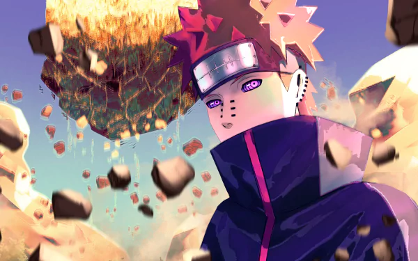 Pain (Naruto) close-up with Rinnegan eyes and facial piercings, Akatsuki cloak, floating rocks against a fiery sky — 4K Ultra HD anime PC desktop wallpaper.