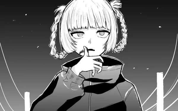 Monochrome 5K Ultra HD PC wallpaper of Nazuna Nanakusa from Call of the Night, anime portrait with braided bob, finger to lips against a starry night sky background