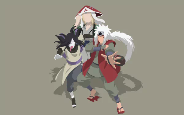 Minimalist 4K Ultra HD anime wallpaper featuring stylized, faceless depictions of Naruto characters Tsunade, Orochimaru, and Jiraiya in dynamic poses.