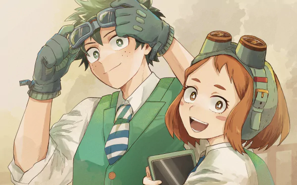 HD PC desktop wallpaper of Izuku Midoriya and Ochako Uraraka from My Hero Academia, anime-style portrait: Midoriya adjusting goggles, Uraraka smiling while holding a tablet.