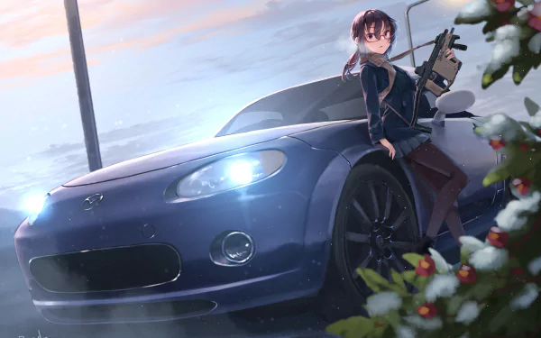 Anime girl leaning against a blue Mazda MX-5 Miata under a soft evening sky, presented in vibrant 4K Ultra HD PC desktop wallpaper quality.