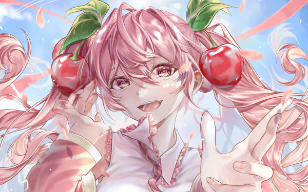 HD anime desktop wallpaper featuring Sakura Miku from Vocaloid, showcasing her pink hair adorned with cherry-themed accessories against a bright, lively sky backdrop.