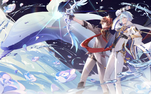 4K Ultra HD PC wallpaper featuring Tartaglia Childe and Kamisato Ayato from the video game Genshin Impact, showcasing dynamic water and ice-themed elemental powers.