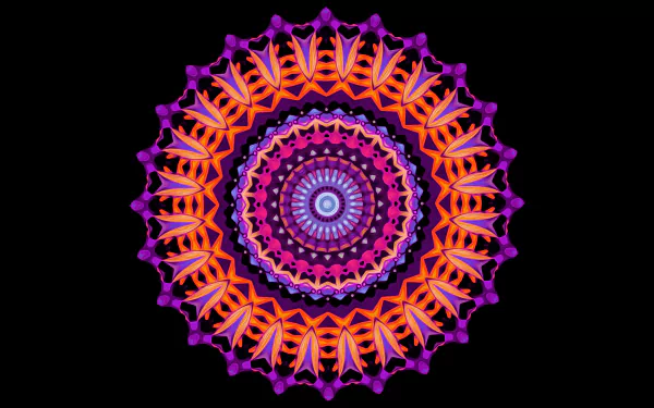 Abstract kaleidoscope mandala in vivid purple, orange and pink on black — HD PC desktop wallpaper and background.