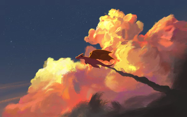 HD PC desktop wallpaper featuring Charizard from Pokémon soaring against a vibrant sky with glowing anime-style clouds.