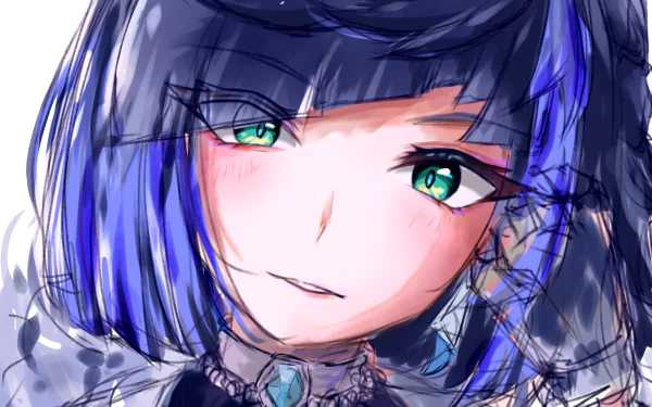 Close-up painterly portrait of Yelan from the video game Genshin Impact, teal-eyed with blue hair and an ornate necklace, HD PC desktop wallpaper/background.