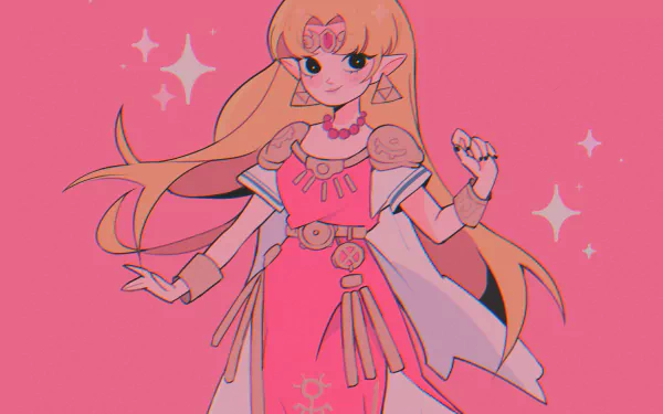 HD PC desktop wallpaper featuring Princess Zelda from the video game The Legend of Zelda, depicted in a stylized, vibrant pink design with sparkling accents.