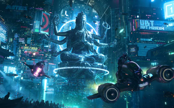 A cyberpunk cityscape with a giant, glowing Shiva statue floating above the streets, surrounded by neon signs and futuristic hover vehicles in this HD PC desktop wallpaper.