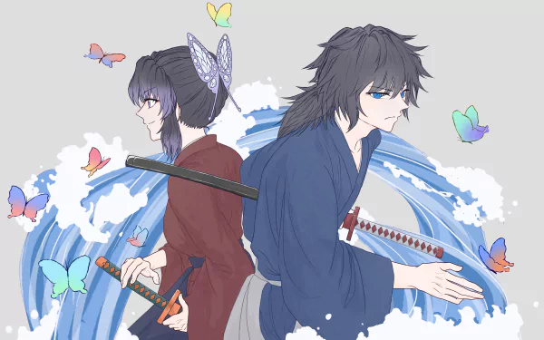 5K Ultra HD PC wallpaper of Shinobu Kochou and Giyuu Tomioka (GiyuShino) from Demon Slayer: Kimetsu no Yaiba — back to back with swords, butterflies and a stylized water swirl background.