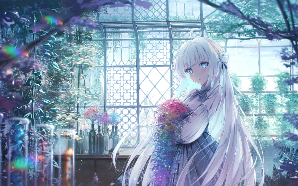 An 8K Ultra HD anime girl with long white hair stands in a luminous greenhouse filled with greenery and flowers, creating a serene and detailed PC desktop background.