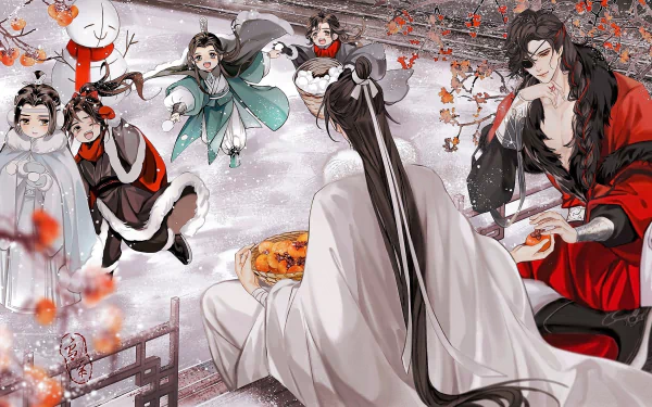 HD anime desktop wallpaper featuring Lan Wangji with characters from Mo Dao Zu Shi, Tian Guan Ci Fu, and The Scum Villain's Self-Saving System in a vibrant crossover scene.
