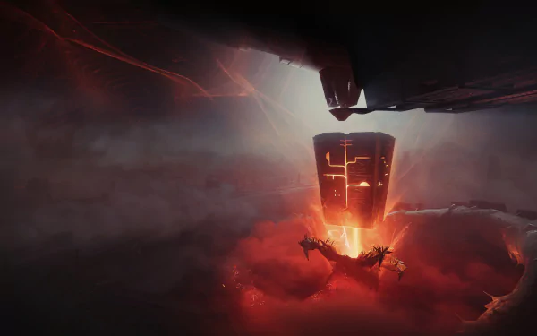 Destiny 2 5K Ultra HD PC desktop wallpaper: a colossal ship suspends a glowing orange core above a crimson cloud sea while tiny craft circle below.