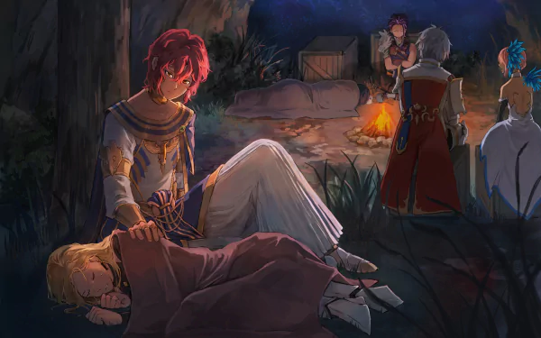 HD PC desktop wallpaper from the video game Tales of Arise, depicting characters resting and gathered around a campfire in a nighttime forest setting.