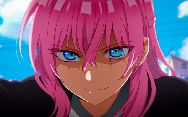 HD PC desktop wallpaper featuring Micchon Shikimori from the anime Shikimori's Not Just a Cutie, showcasing her intense blue eyes and vivid pink hair.