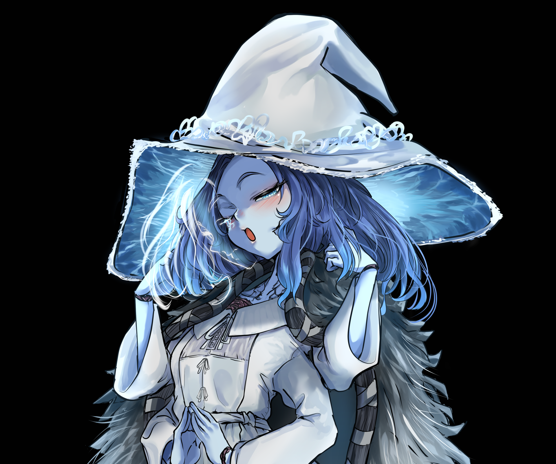 HD PC desktop wallpaper featuring Ranni the Witch from the video game Elden Ring, showcasing her with blue hair and a large white hat against a dark background.