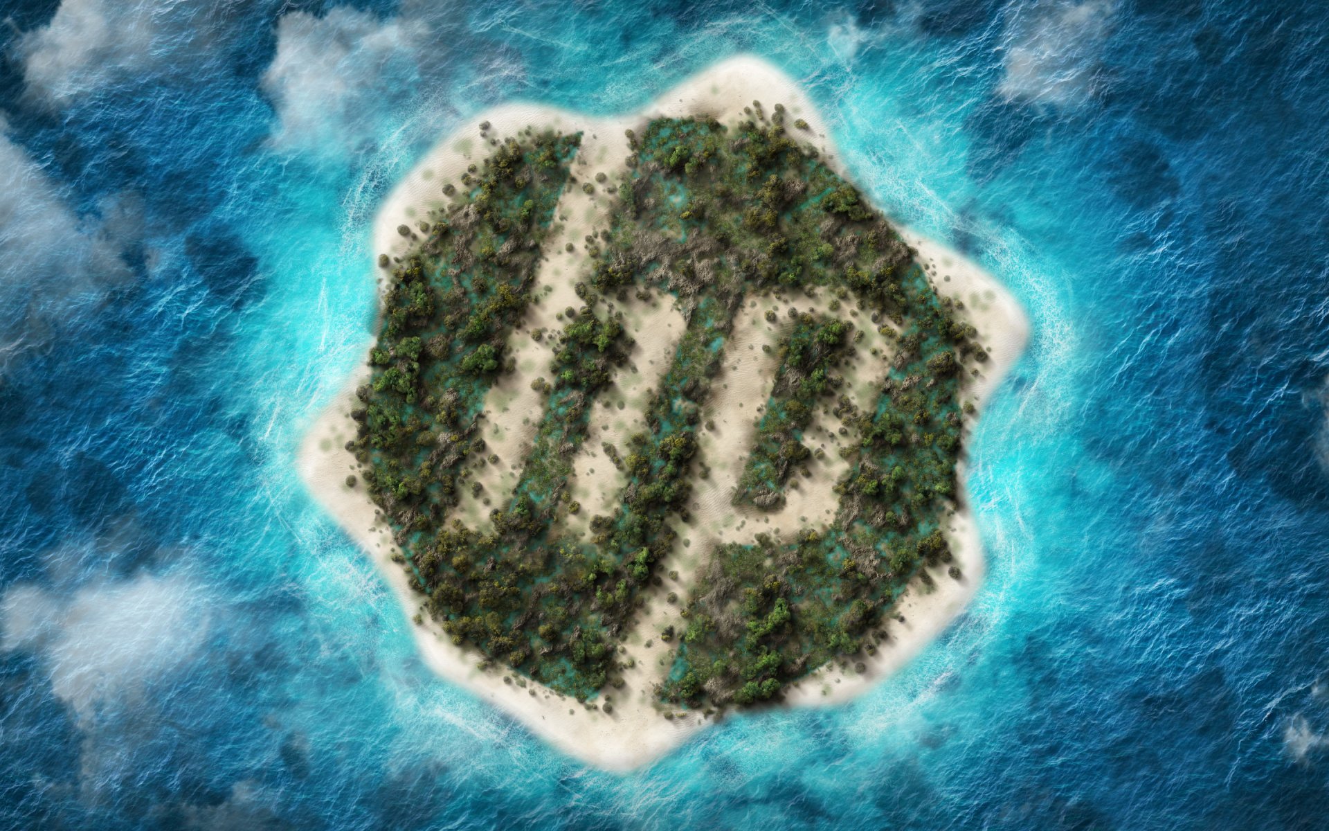 Aerial view of a tropical island shaped like the Hewlett‑Packard hp logo with palm trees and white sand in turquoise ocean — 2K Quad HD PC wallpaper and background, technology Hewlett‑Packard
