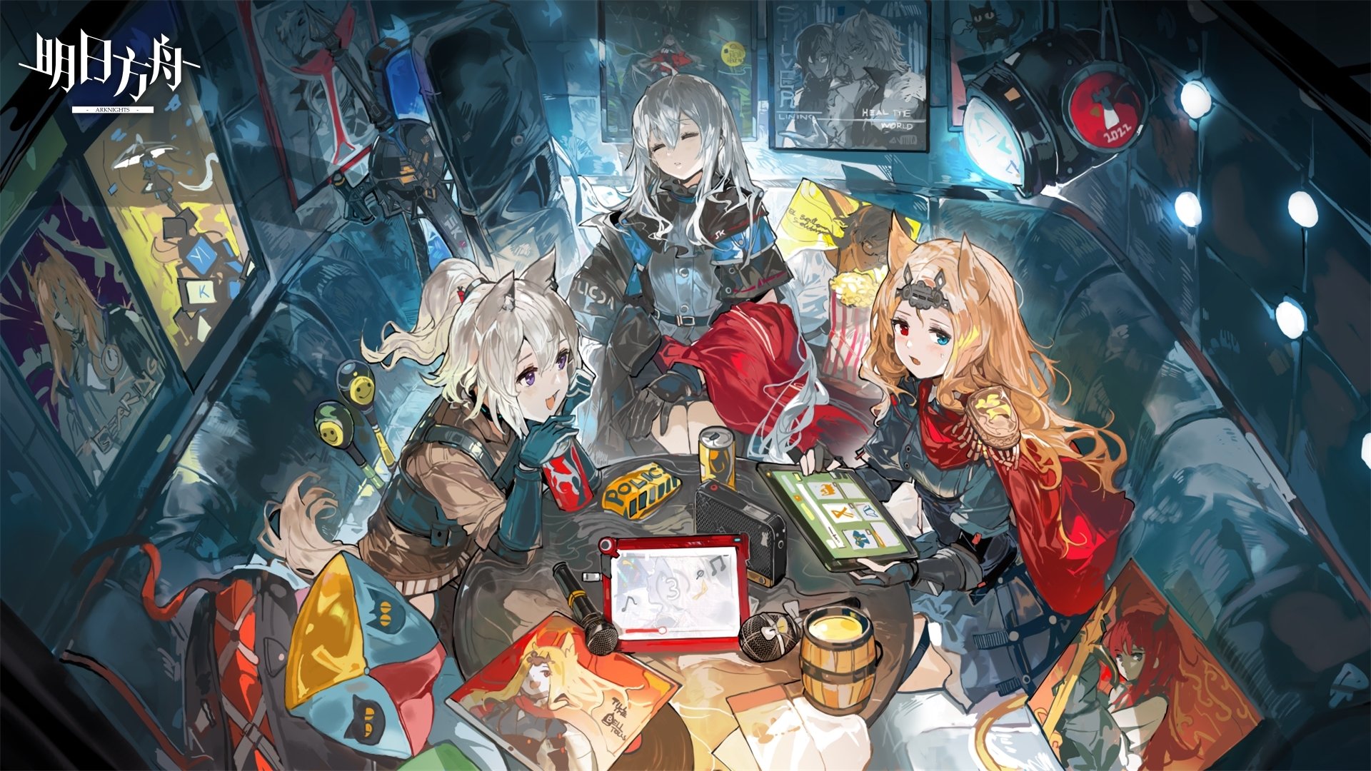 HD PC desktop wallpaper featuring detailed artwork of Arknights characters gathered around a table in a dimly lit room, showcasing the video game's distinct style.