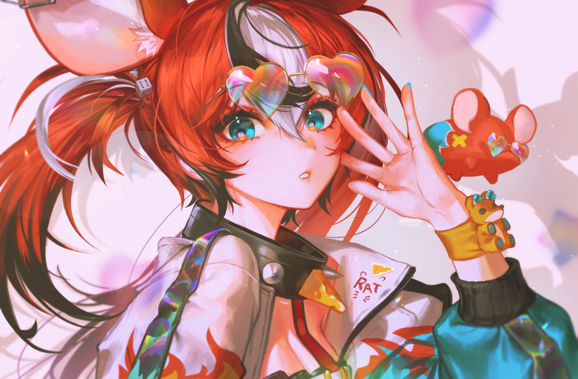 Vibrant anime portrait of hololive Virtual YouTuber Hakos Baelz with red twin tails, teal eyes and colorful accessories — 4K Ultra HD PC desktop wallpaper background