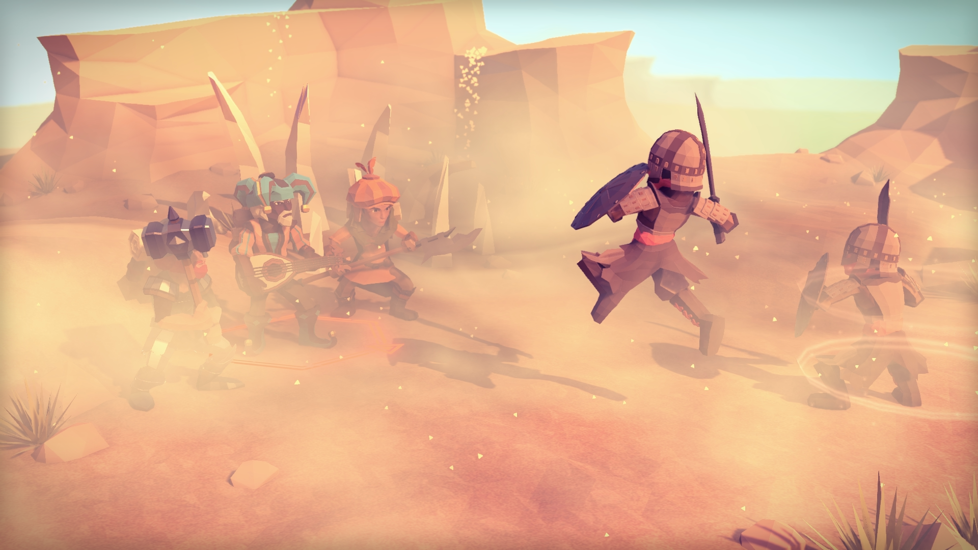 HD desktop wallpaper from the video game For The King, featuring a group of armored characters wielding swords in a dusty, desert landscape.