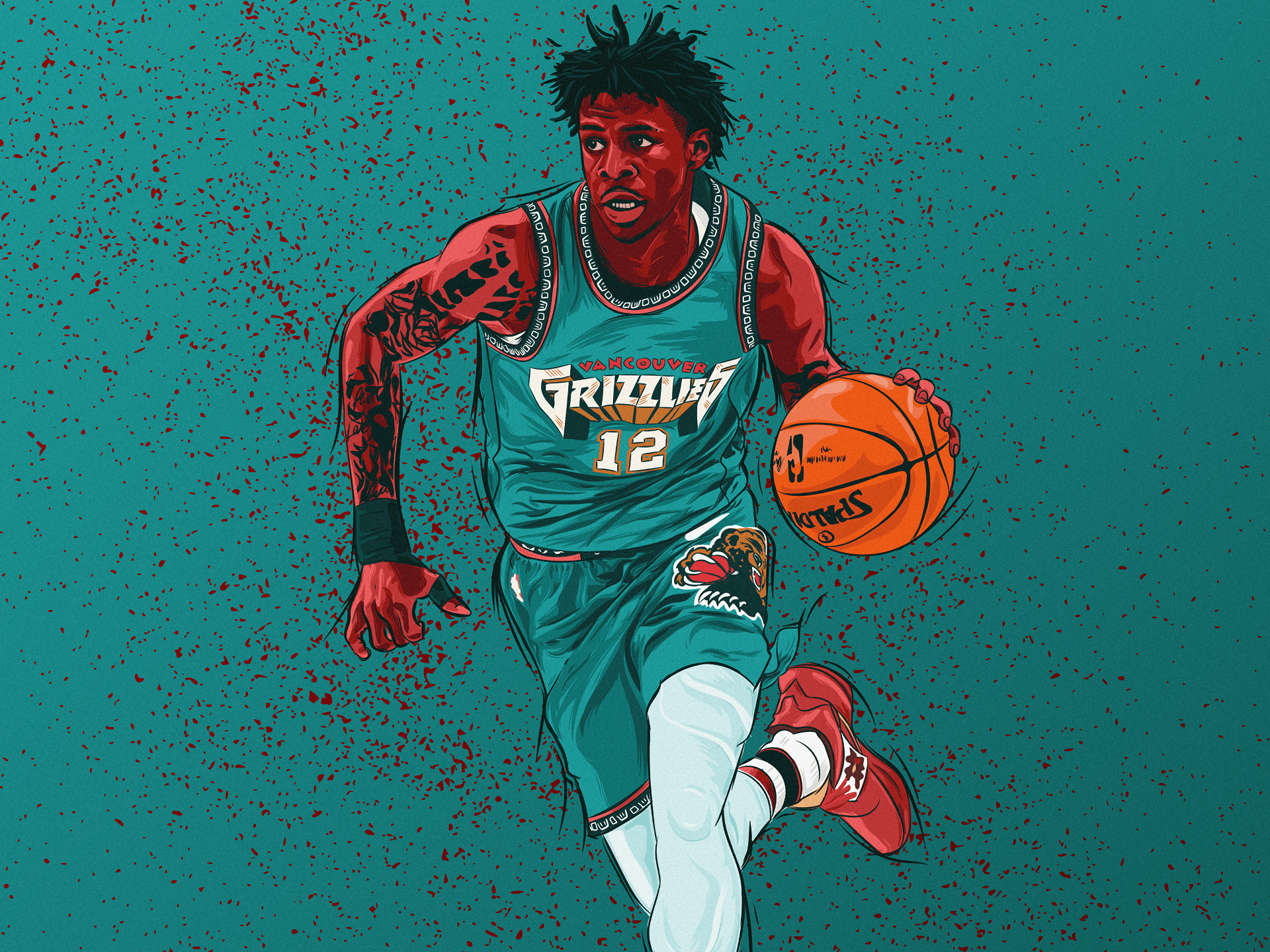 HD PC desktop wallpaper featuring an artistic illustration of Ja Morant in Memphis Grizzlies uniform dribbling a basketball, highlighting sports and dynamic motion.