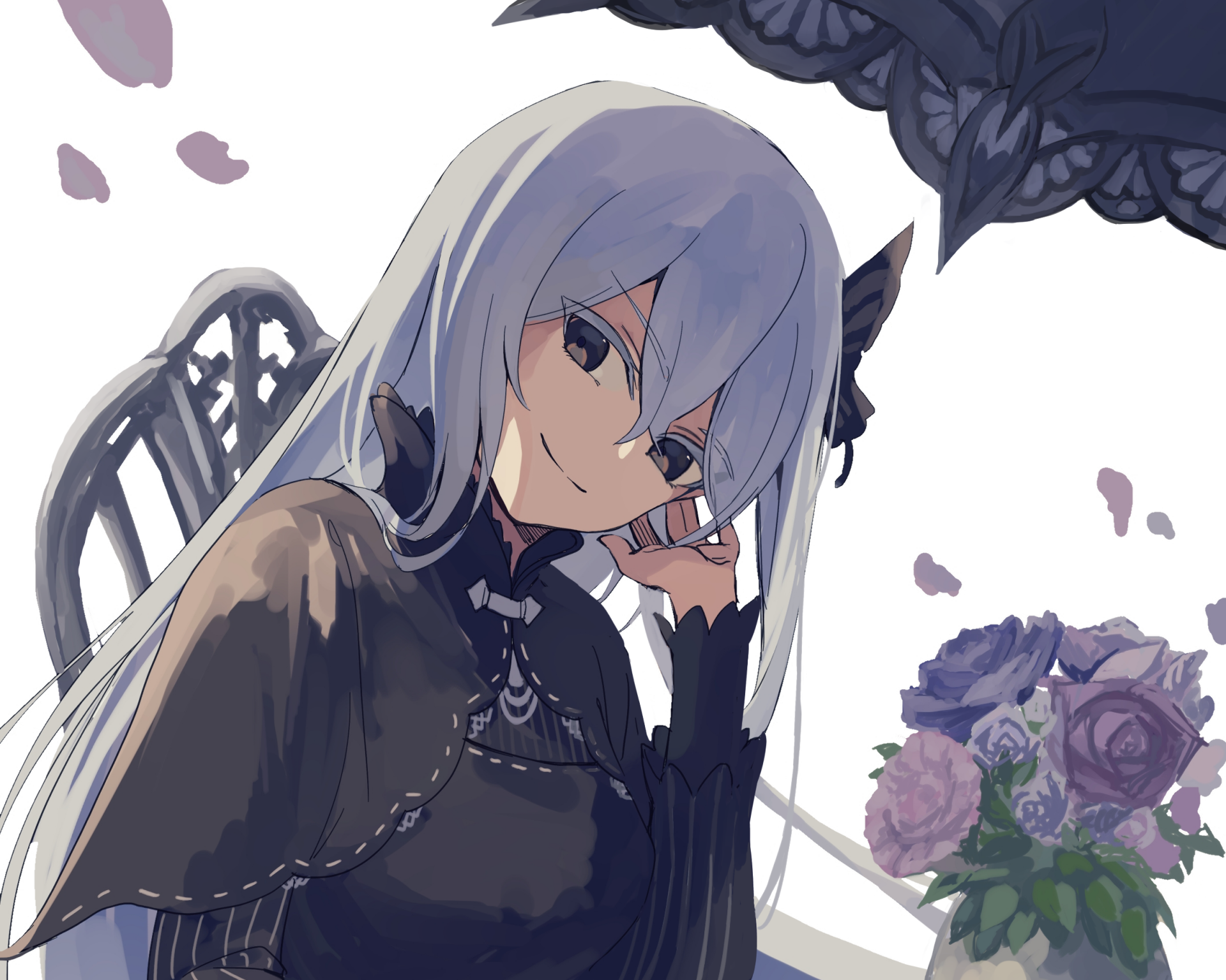 HD anime desktop wallpaper featuring Echidna from Re:Zero - Starting Life in Another World, surrounded by delicate purple flowers and a subtle, elegant background.