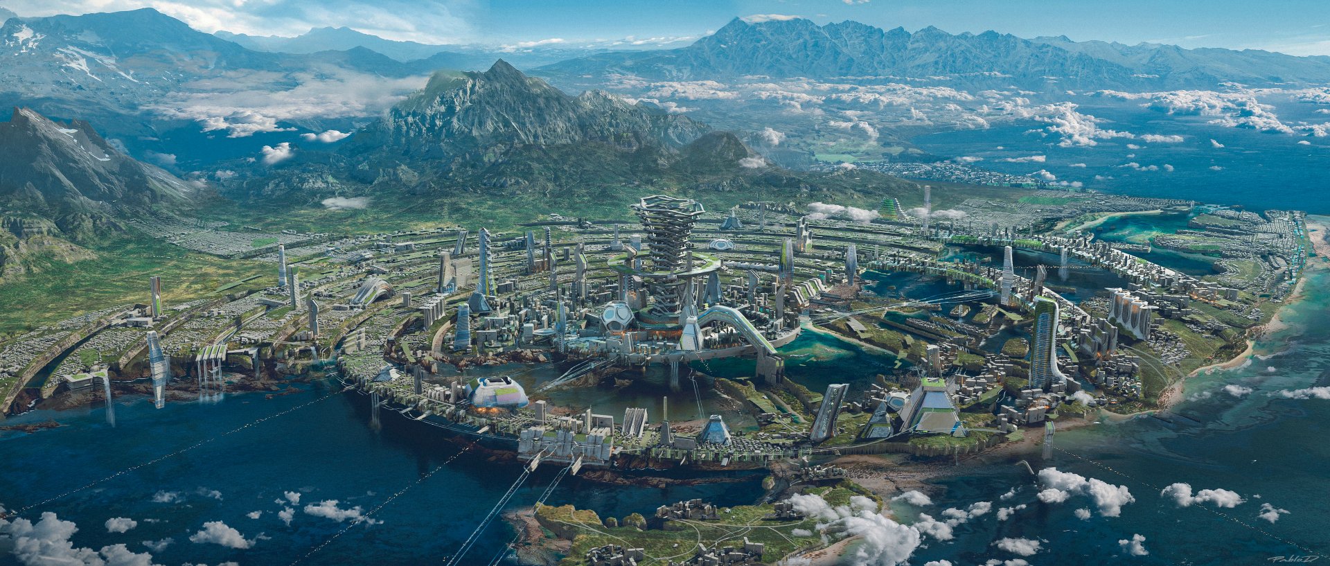 A stunning sci-fi cityscape, showcasing futuristic architecture amidst lush greenery and mountains. This HD desktop wallpaper transports you to an imaginative world of advanced technology.