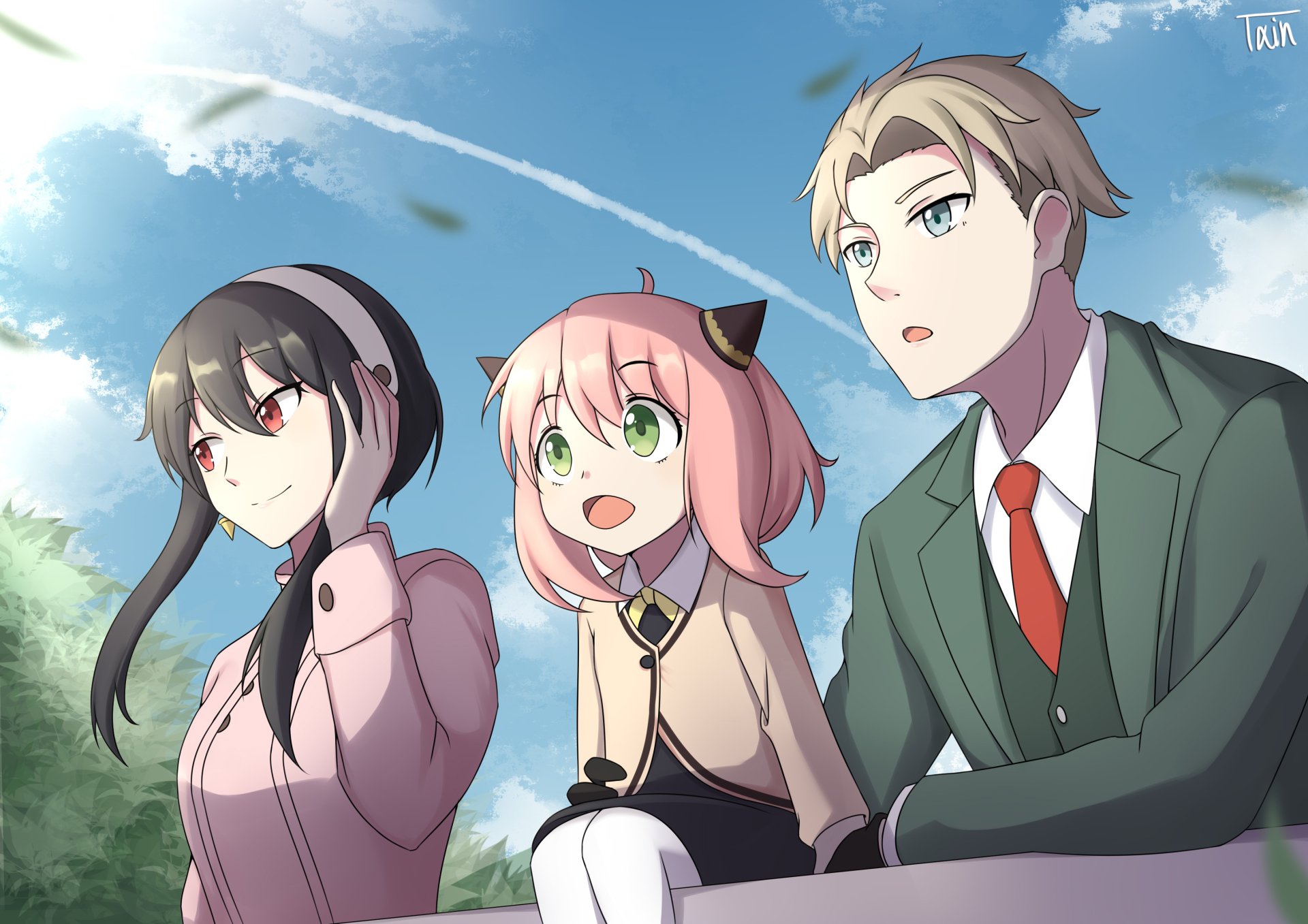 HD anime desktop wallpaper featuring Yor Forger, Loid Forger, and Anya Forger from Spy x Family against a bright blue sky background.