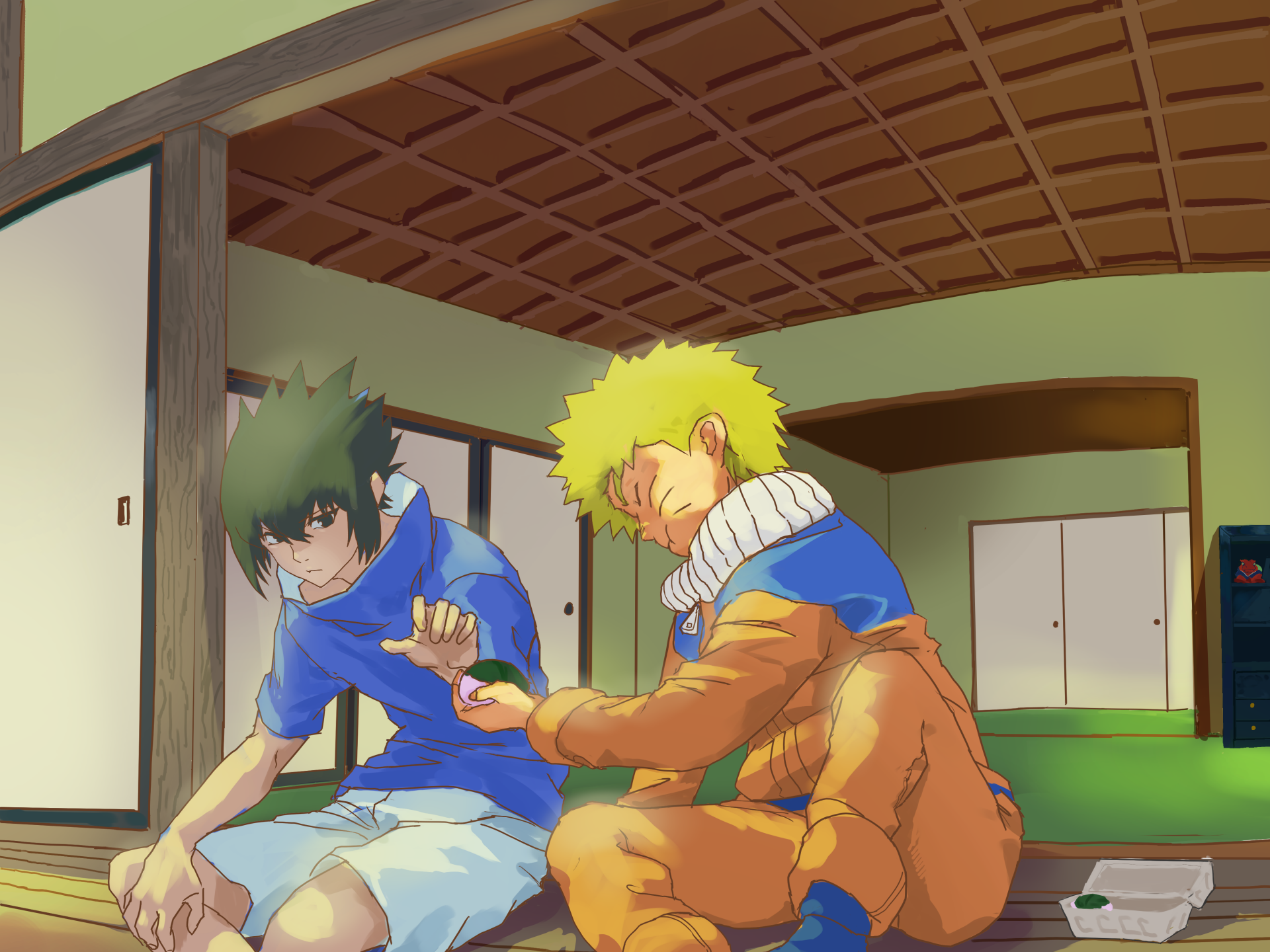 4K Ultra HD PC wallpaper of Naruto Uzumaki and Sasuke Uchiha in an anime scene — Naruto playfully nudging a brooding Sasuke in a traditional room (Naruto & Sasuke)