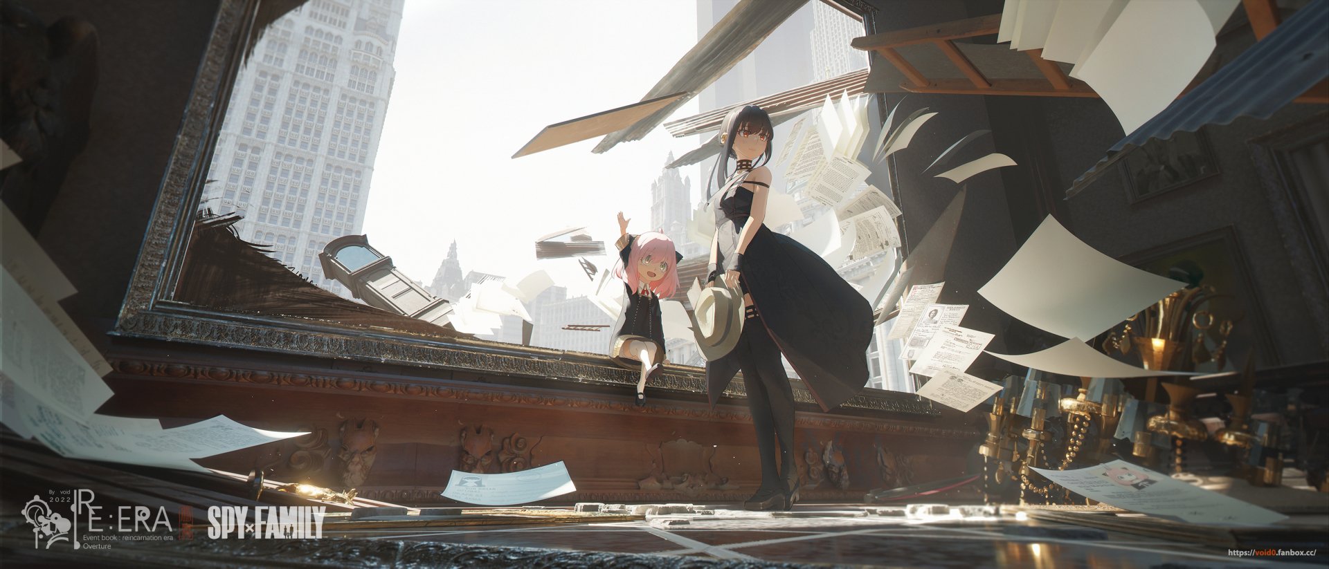 HD desktop wallpaper featuring Yor Forger and Anya Forger from the anime Spy x Family. The duo stands amidst a dynamic, debris-filled scene with papers flying around.