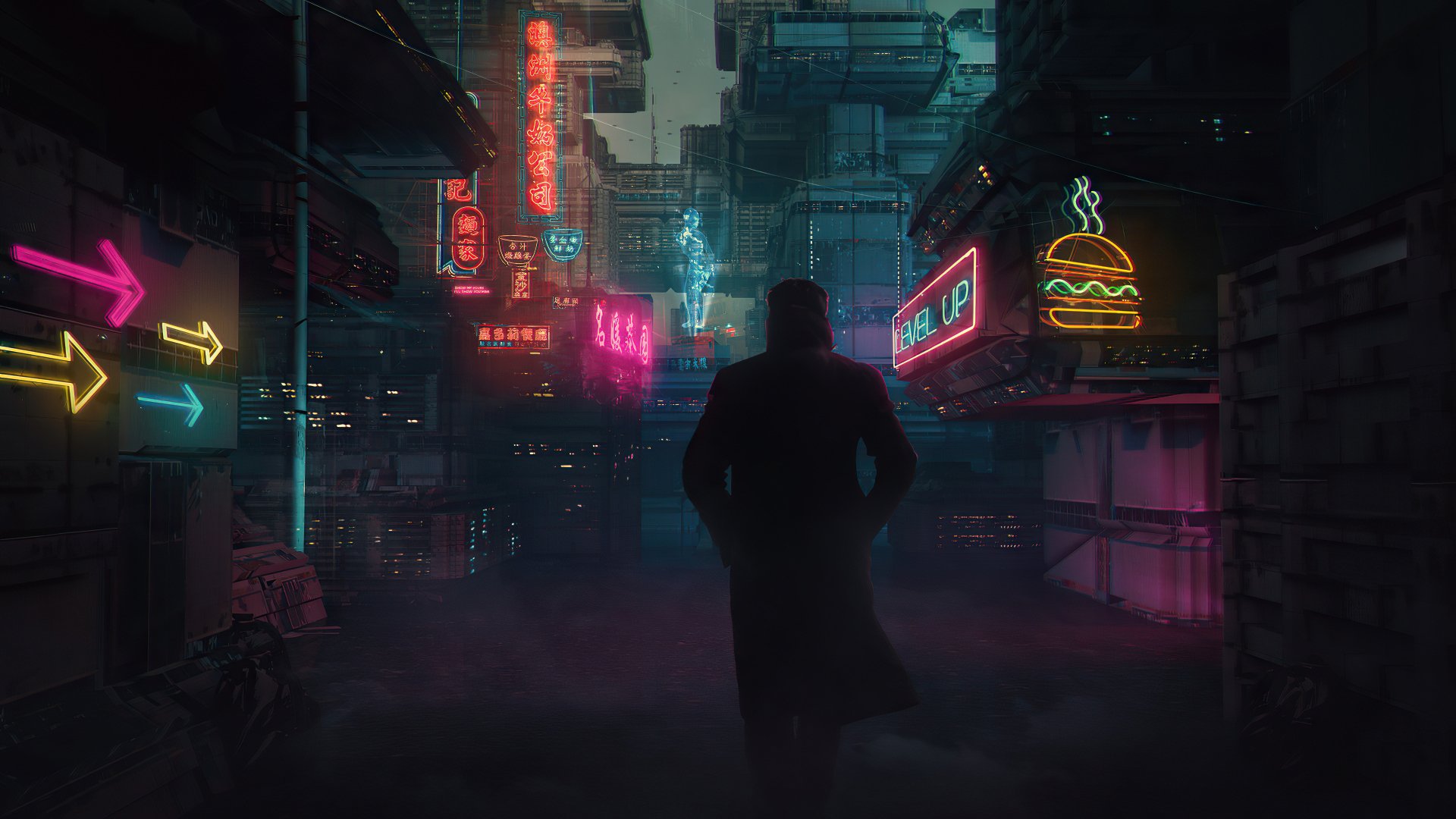 A silhouette walks through a neon-lit cyberpunk cityscape, filled with vibrant futuristic signs in this 4K Ultra HD sci-fi desktop wallpaper.