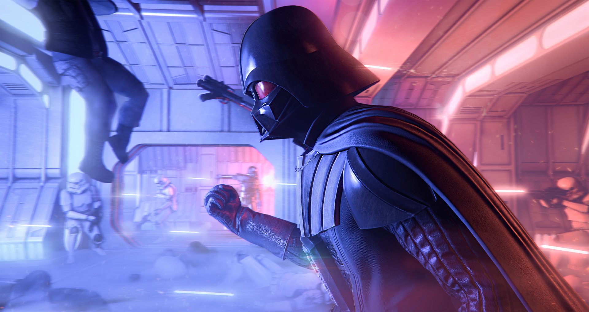 Darth Vader (Star Wars Battlefront II, 2017) video game 4K Ultra HD PC wallpaper: Vader advancing through a ship corridor bathed in purple and blue lighting.
