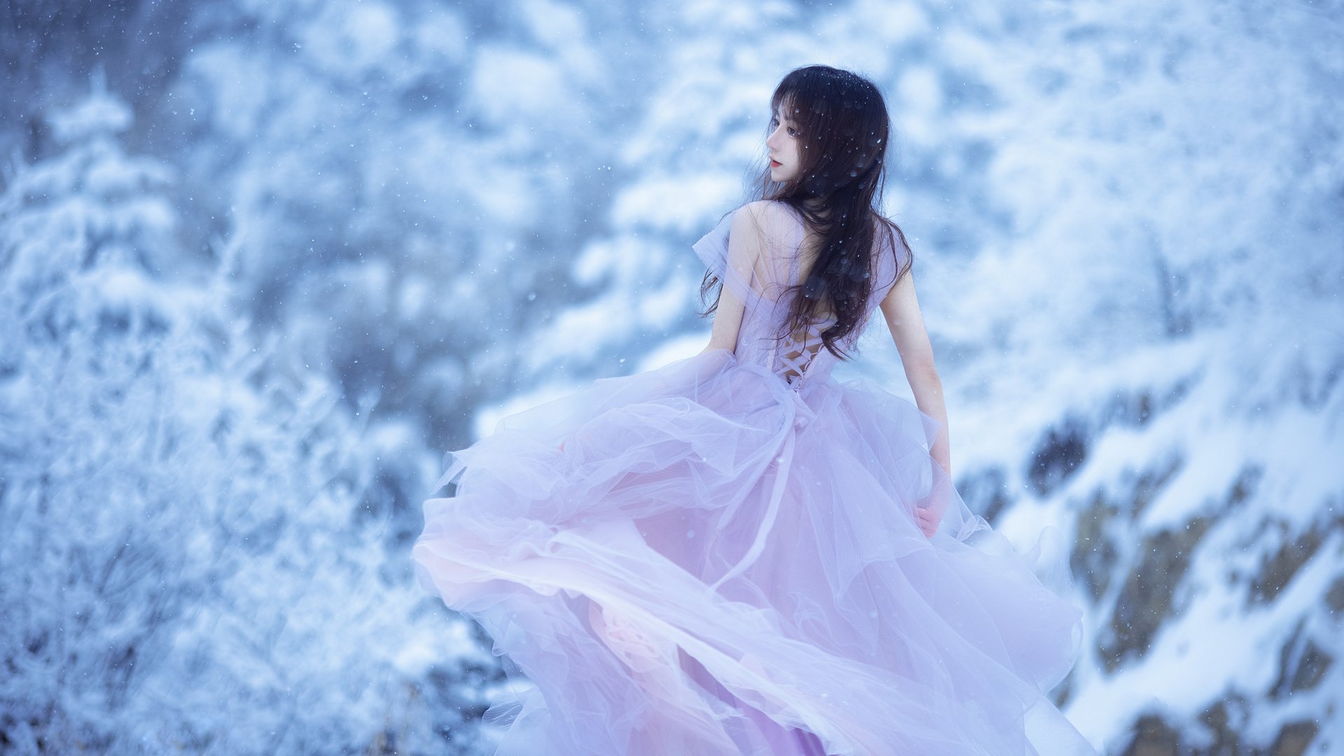 Download Pink Dress Black Hair Snow Woman Asian HD Wallpaper