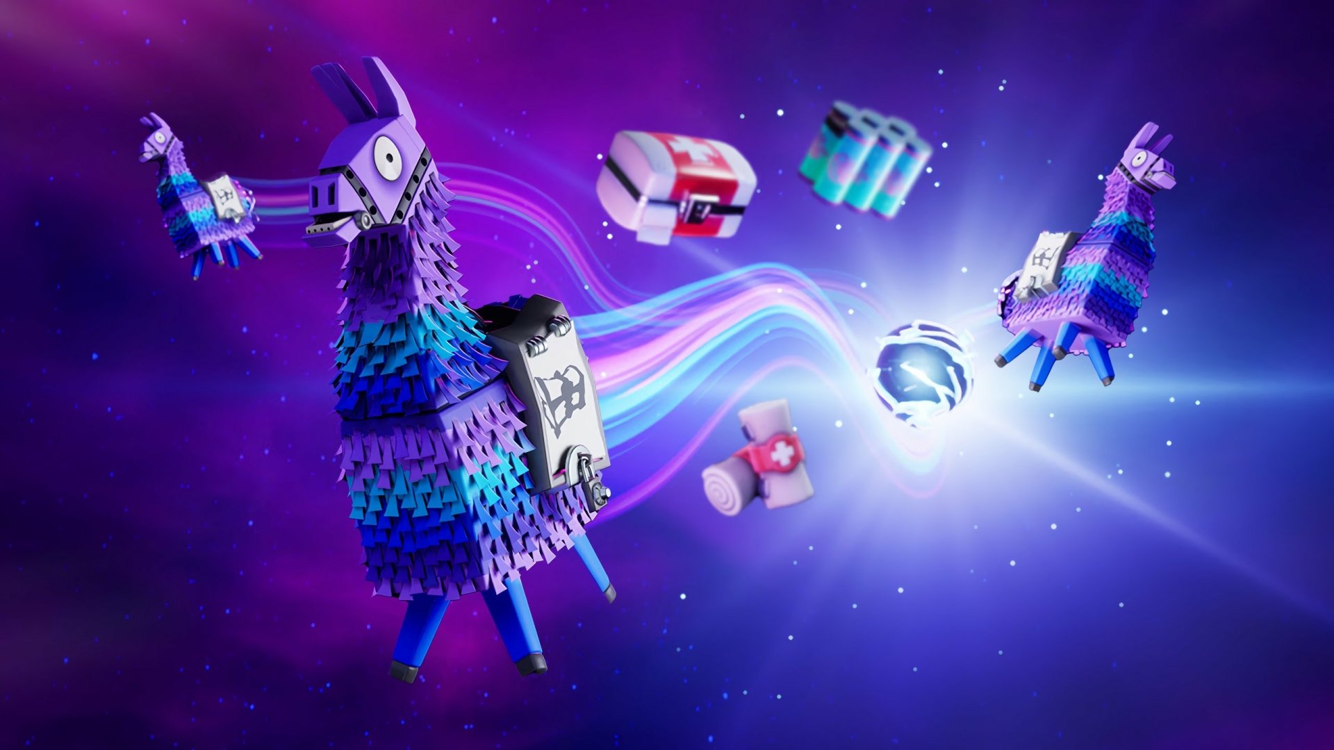 HD PC desktop wallpaper featuring colorful Fortnite-themed llamas and in-game items floating against a vibrant purple and blue cosmic background.