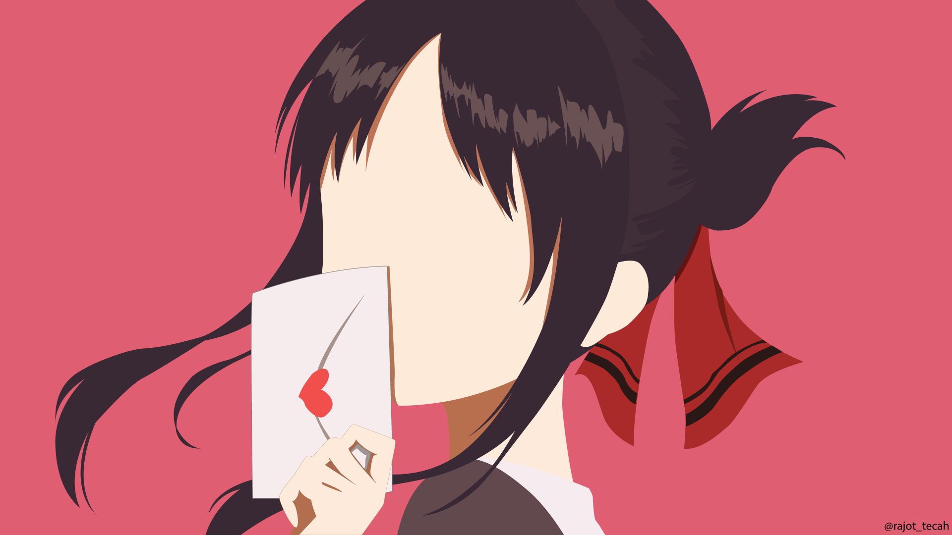 4K Ultra HD PC desktop wallpaper of Kaguya Shinomiya (Kaguya-sama: Love is War) holding a heart-adorned love letter, faceless stylized portrait against a pink background.