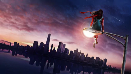 4K Ultra HD PC desktop wallpaper featuring Ms. Marvel from the TV show, perched on a streetlight overlooking a city skyline at sunset.