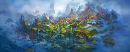 HD desktop wallpaper of a vibrant, mountainous landscape from World of Warcraft: Dragonflight, showcasing lush greenery, mist, and flowing rivers in a fantasy setting.