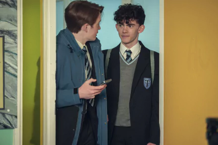 HD PC desktop wallpaper from the TV show Heartstopper: two students in school uniforms in a doorway — one in a blue coat holding a phone, the other in a blazer and tie, sharing a shy smile.