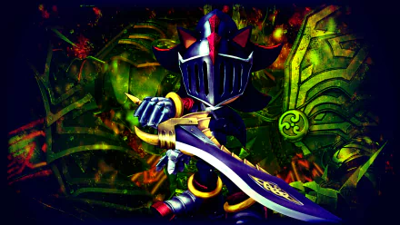 HD PC wallpaper featuring Shadow the Hedgehog as a knight from the video game Sonic and the Black Knight, wielding a sword in a dark, fiery background.