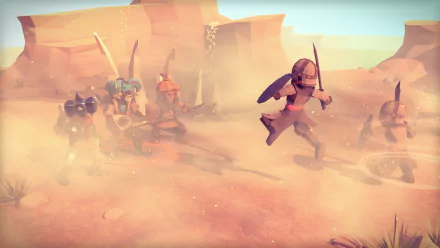 HD desktop wallpaper from the video game For The King, featuring a group of armored characters wielding swords in a dusty, desert landscape.