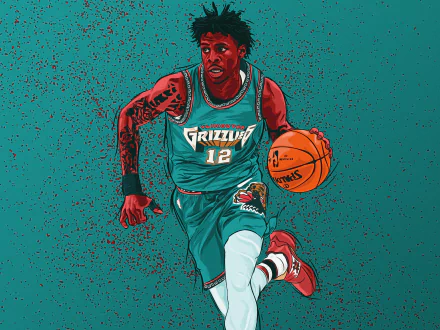 HD PC desktop wallpaper featuring an artistic illustration of Ja Morant in Memphis Grizzlies uniform dribbling a basketball, highlighting sports and dynamic motion.