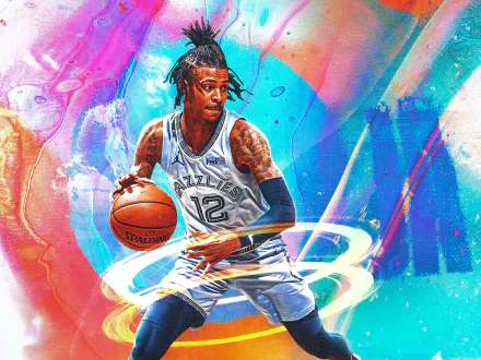 HD PC desktop wallpaper featuring basketball player Ja Morant in dynamic action, set against a vibrant, artistic sports-themed background.