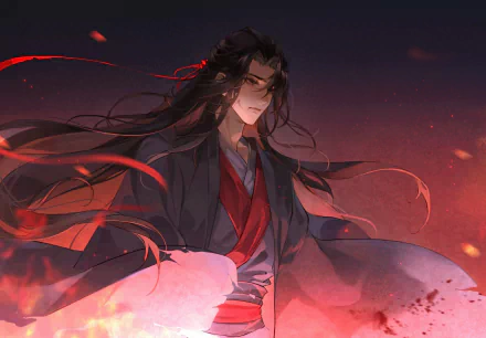 HD PC desktop wallpaper featuring Wei Wuxian from the anime Mo Dao Zu Shi, depicted with flowing dark hair and red accents against a fiery background.