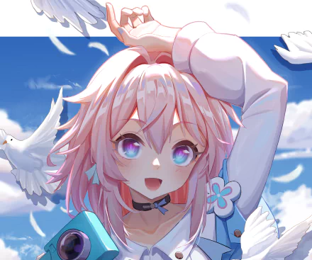 2K PC desktop wallpaper from the video game Honkai: Star Rail (March 7th) showing a pink‑haired character with violet‑blue eyes smiling among white doves against a bright sky.