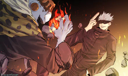 HD PC desktop wallpaper featuring Satoru Gojo and Jogo from the anime Jujutsu Kaisen in a dynamic, fiery confrontation scene.