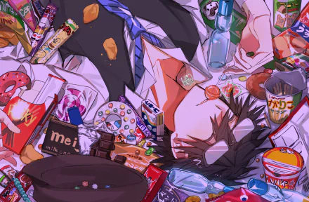HD anime desktop wallpaper featuring Ranpo Edogawa from Bungou Stray Dogs surrounded by snacks and colorful items scattered around him.