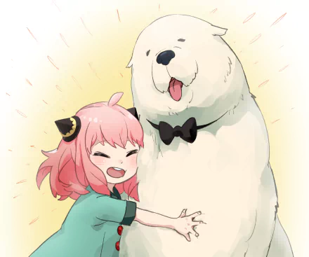 Anya Forger from Spy x Family happily hugging Bond, the large white dog, in an anime-style HD desktop wallpaper.