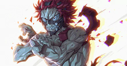 HD PC desktop wallpaper of Eijiro Kirishima from the anime My Hero Academia, showcasing his hardened, rock-like form with dynamic lighting and intense expression.