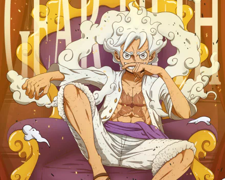 HD anime wallpaper featuring Monkey D. Luffy in Gear 5 form from One Piece, seated confidently on a throne with dynamic smoke effects.