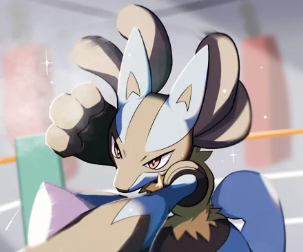 HD anime-style PC desktop wallpaper featuring Lucario, the blue and cream-colored Pokémon, in an action pose with soft lighting and dynamic shading.